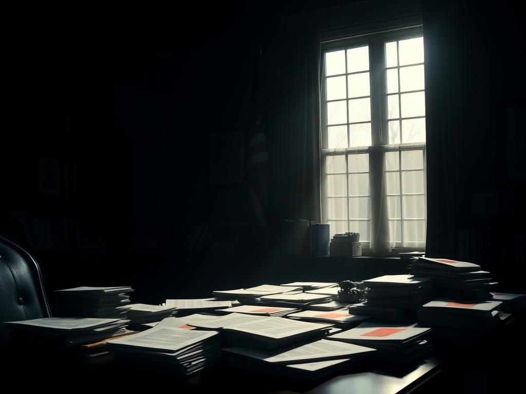 Flick International Dark, shadowy office environment with a large desk cluttered with redacted documents and a United States flag