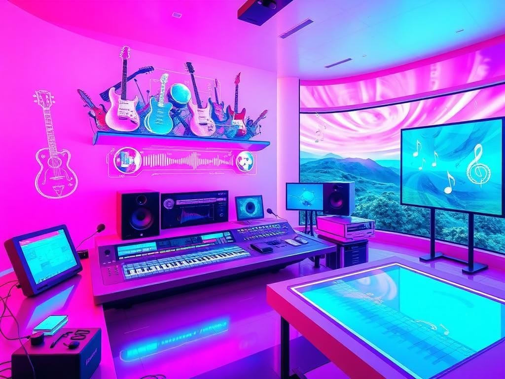 Flick International Abstract music studio filled with futuristic AI technology and holographic instruments