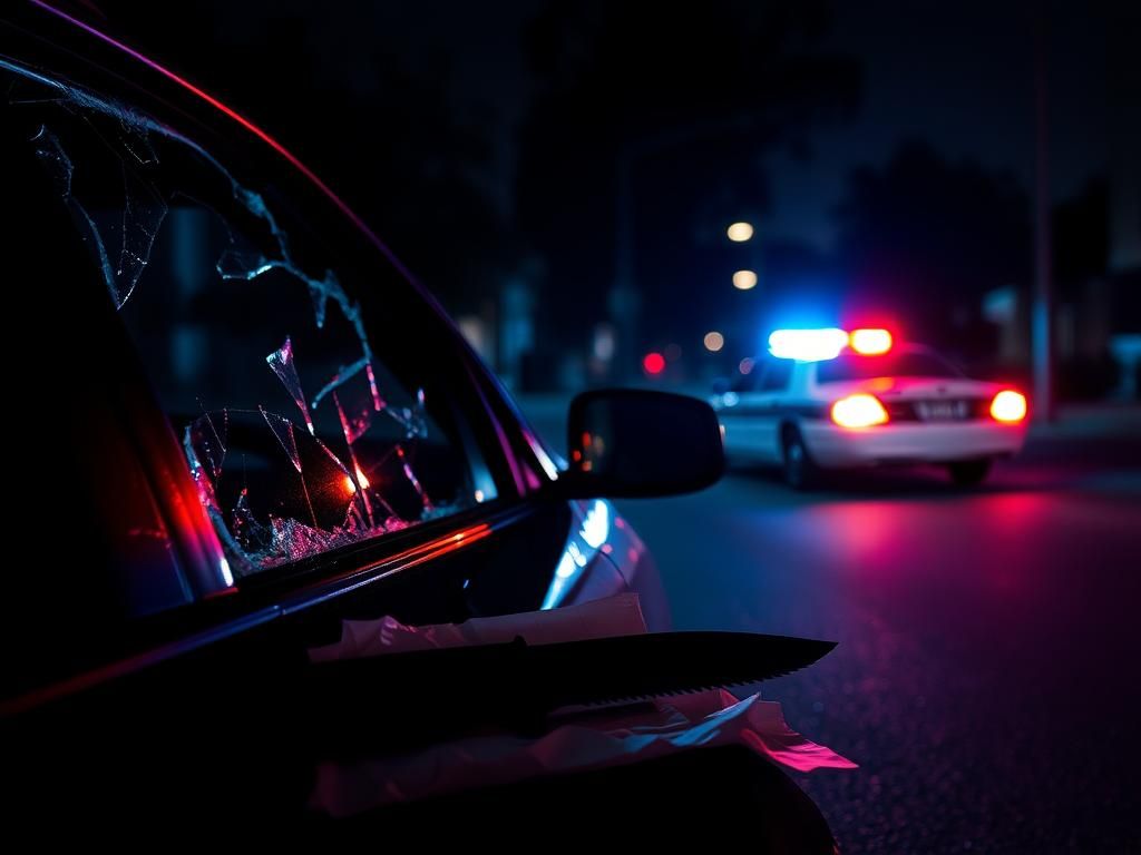 Flick International A police scene at night with a shattered car window and a knife on the floorboard