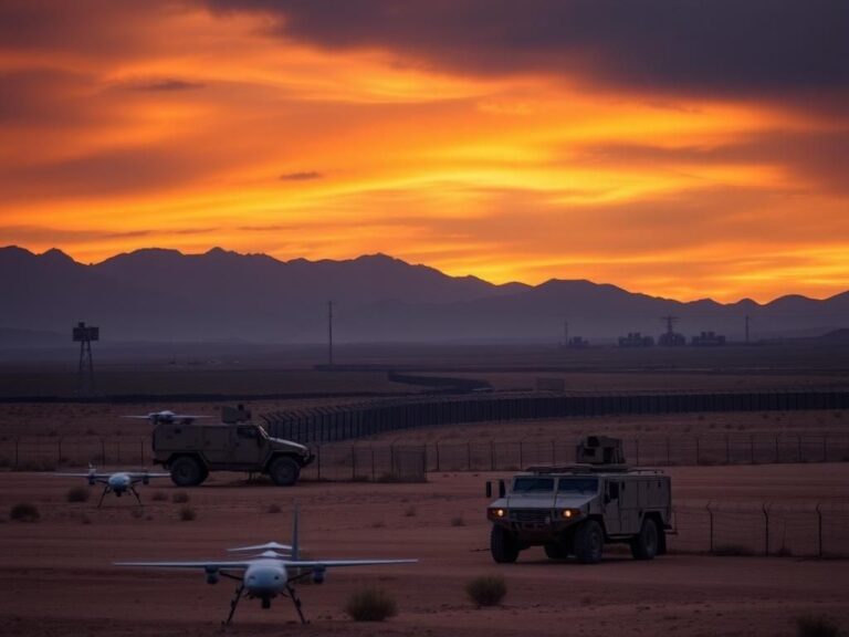 Flick International A broad view of the U.S.-Mexico border featuring military vehicles and dramatic mountains