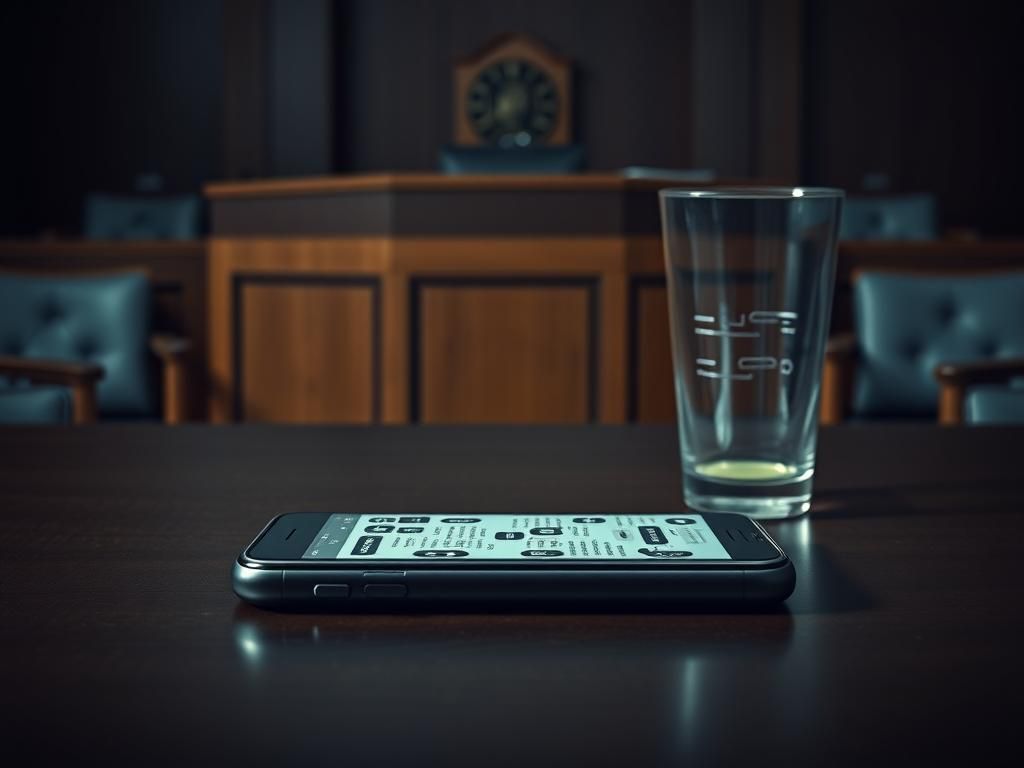 Flick International Sleek modern smartphone displaying text messages in a courtroom setting during a high-profile murder trial