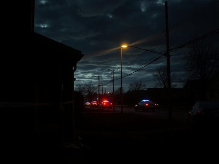 Flick International Dark street scene depicting an empty home with a shattered front door and police tape, reflecting a recent violent incident.