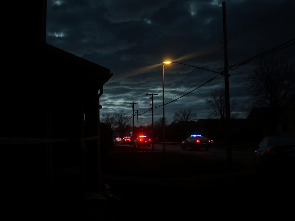 Flick International Dark street scene depicting an empty home with a shattered front door and police tape, reflecting a recent violent incident.
