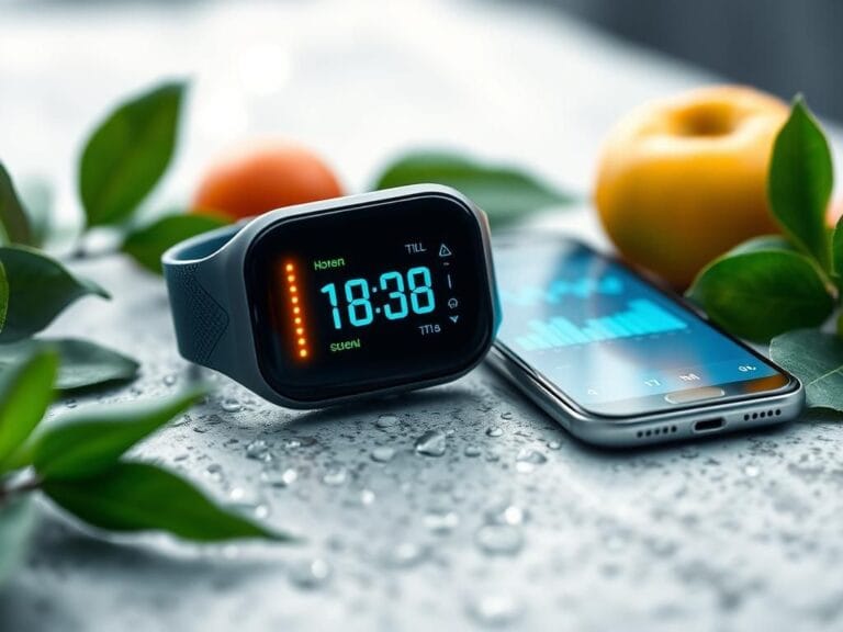 Flick International Close-up of a futuristic wearable hydration monitor on a textured surface surrounded by water droplets and green leaves