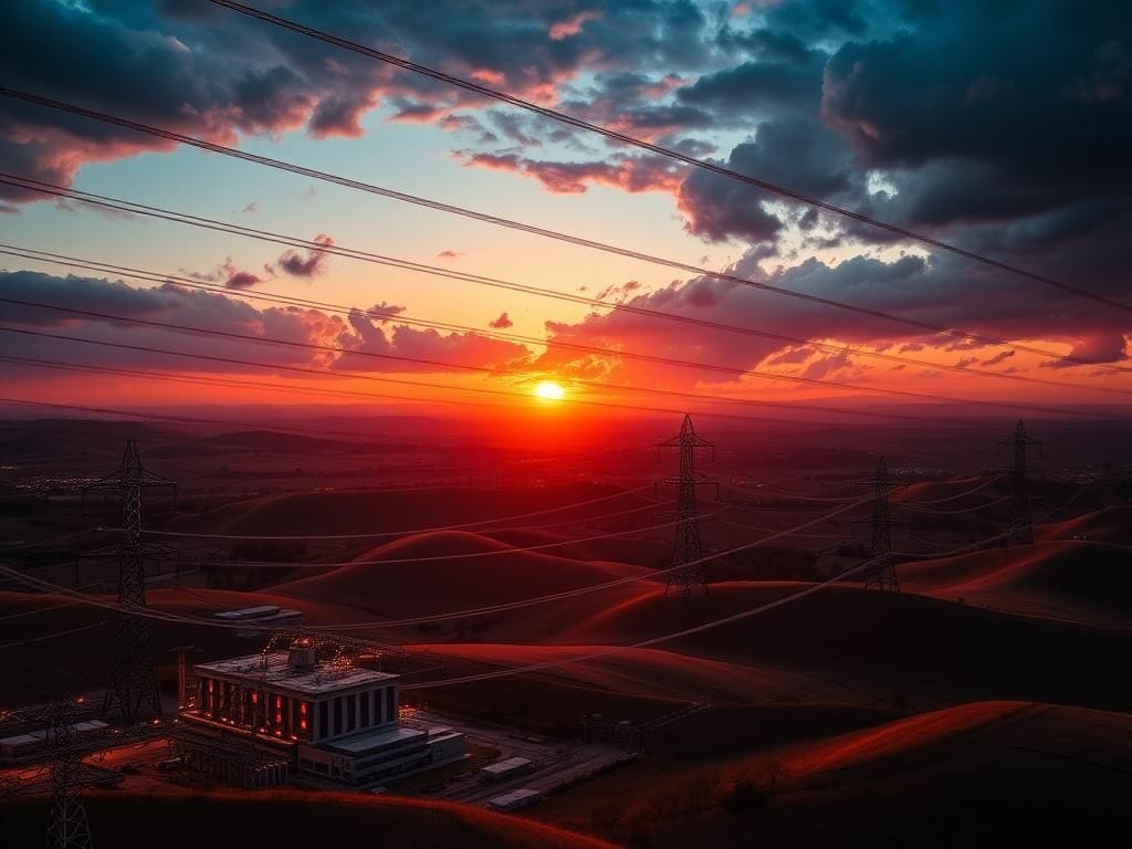 Flick International An expansive energy grid at sunset with data centers and power lines