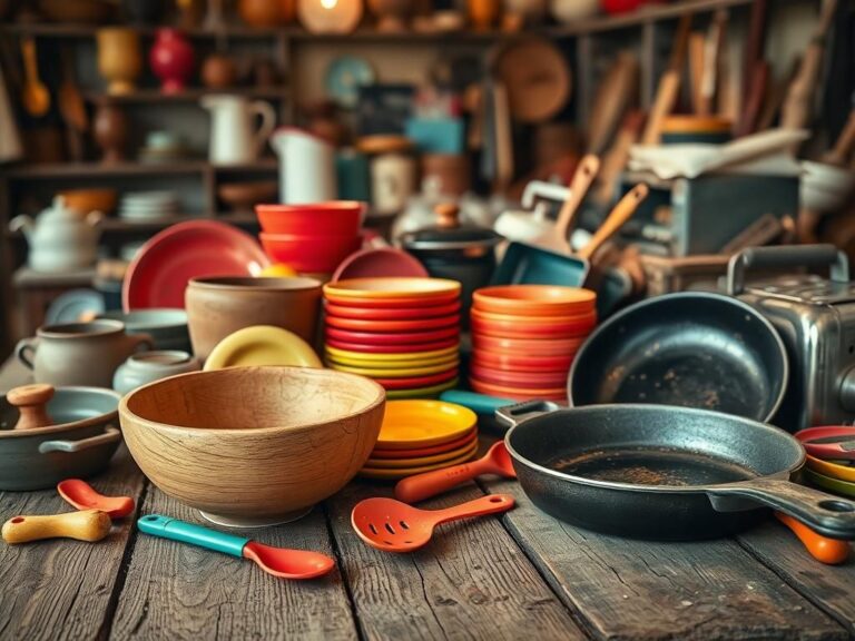 Flick International Vintage wooden bowl and secondhand kitchen items on a rustic table