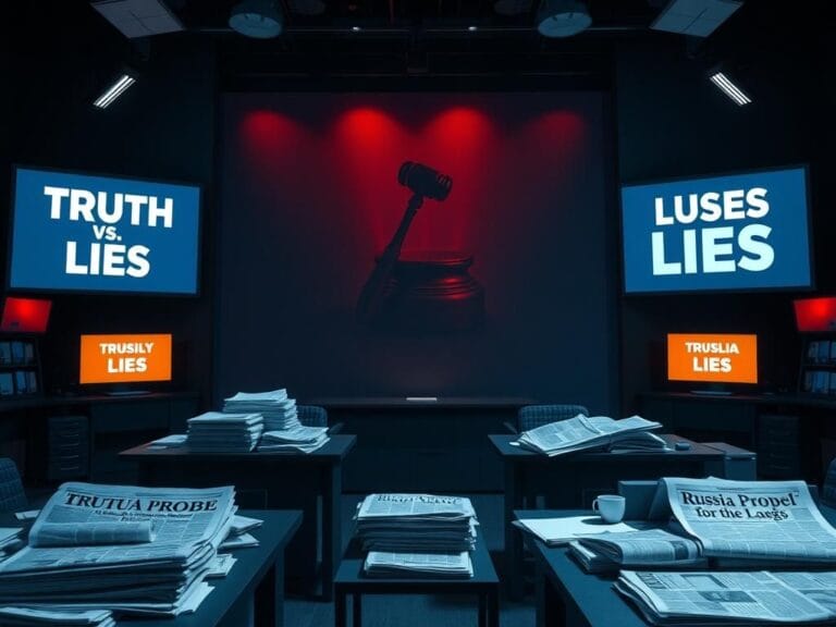 Flick International A dramatic scene in a dimly lit newsroom showcasing empty desks and stacks of papers about the Russia probe