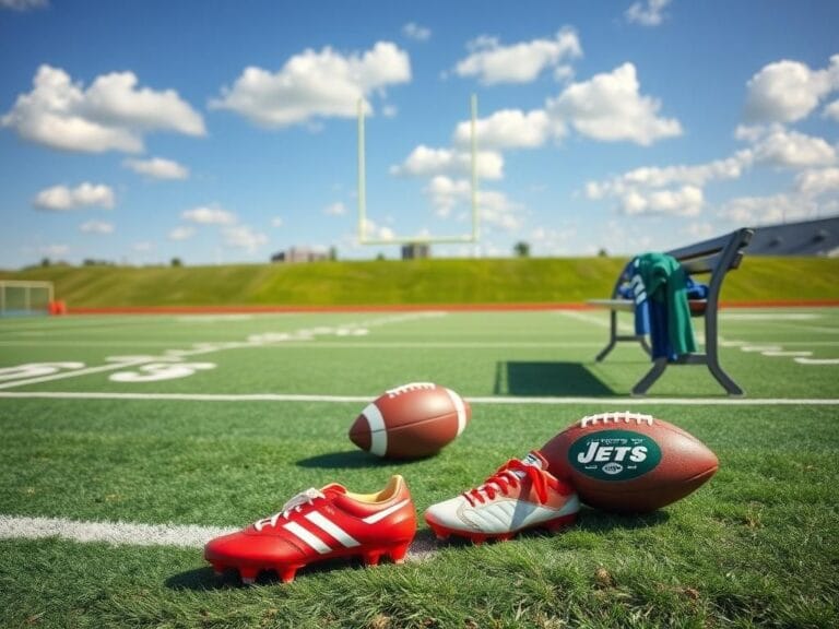 Flick International New York Jets quarterback Justin Fields training on a sunny morning with cleats and football