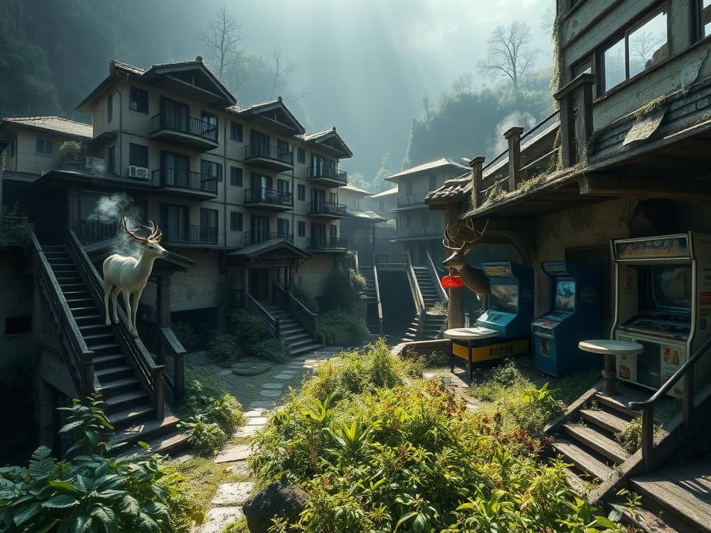 Flick International Crumbling multi-story hotels in the abandoned Kinugawa Onsen resort, surrounded by overgrown vegetation