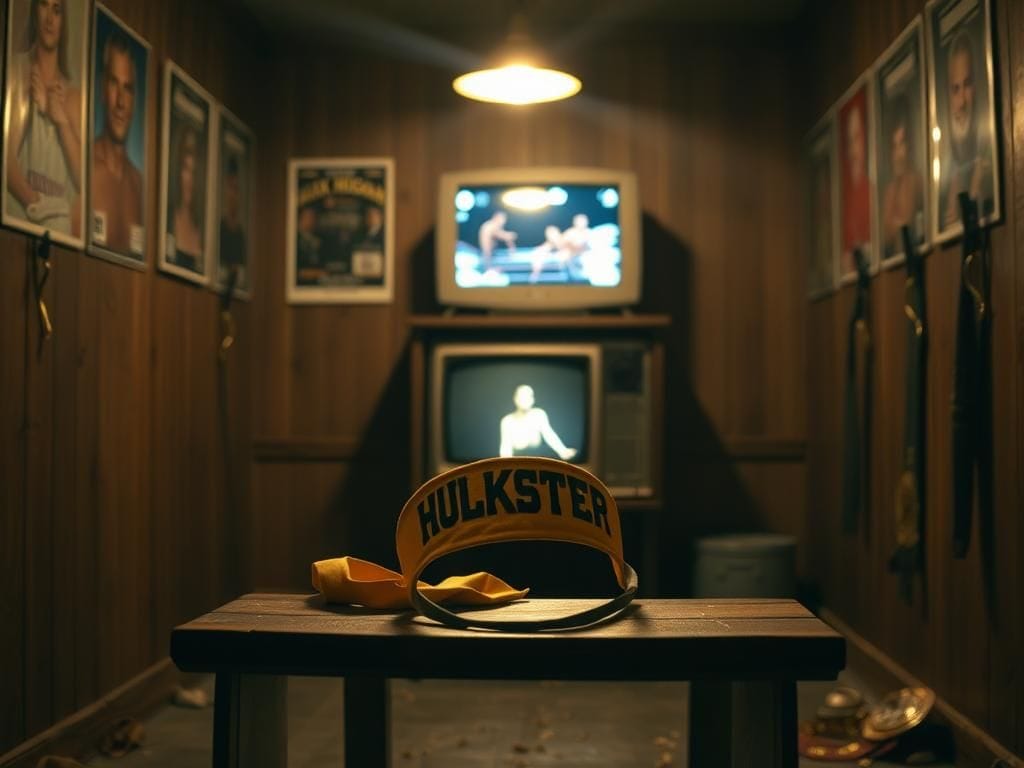 Flick International A dimly lit wrestling locker room with a worn yellow Hulkster headband on a bench