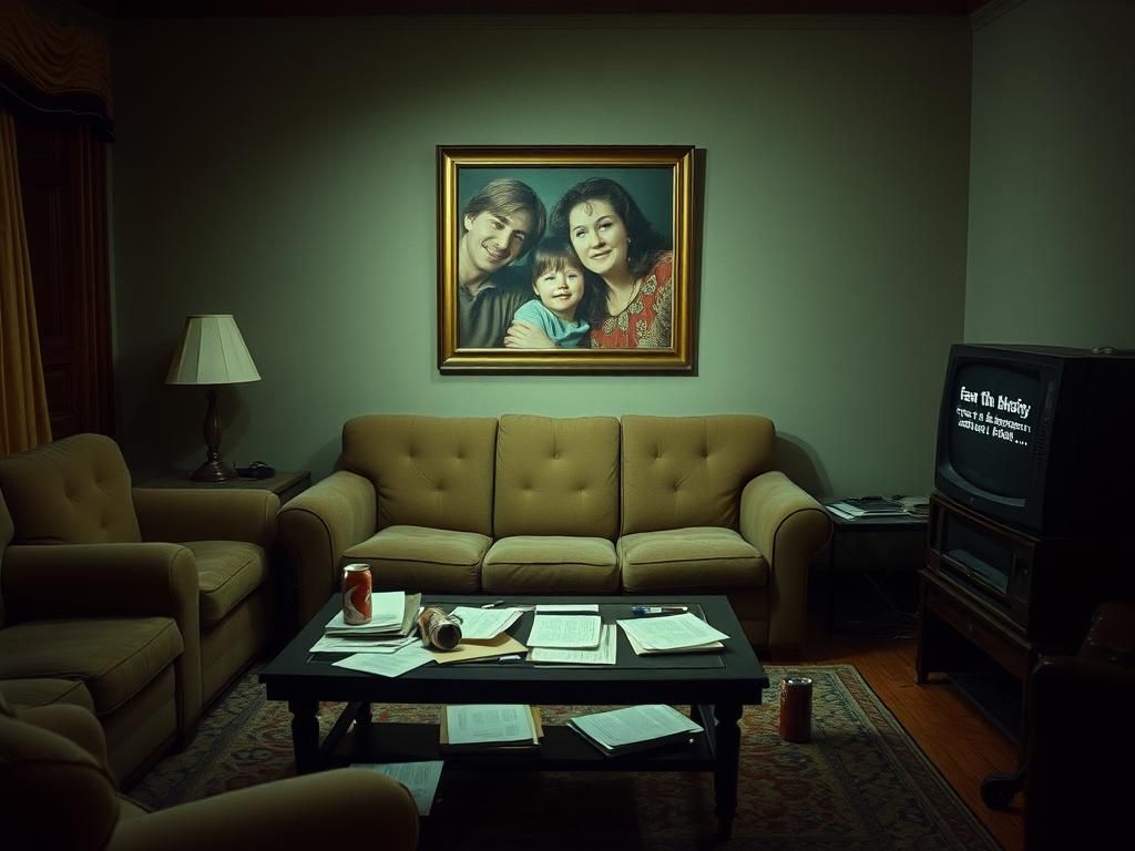 Flick International A dimly lit television set from the 1990s showcasing a worn-out couch and scattered scripts.