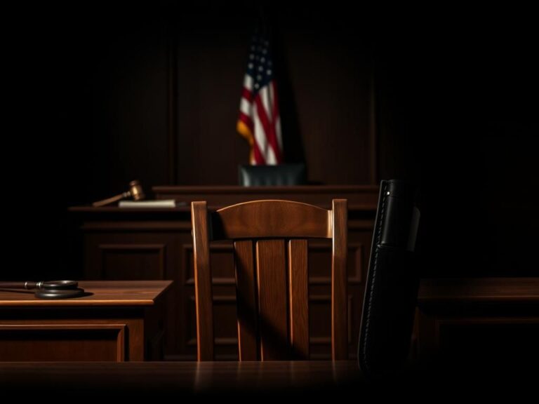 Flick International Dimly lit courtroom scene with empty defendant's chair symbolizing absence of accountability