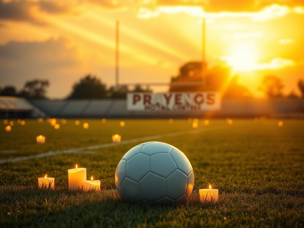 Flick International Serene football field at sunset with candles and a white football symbolizing hope and healing