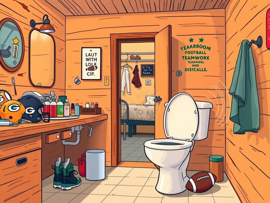 Flick International Illustration of a shared dorm bathroom at a training camp with a loud toilet