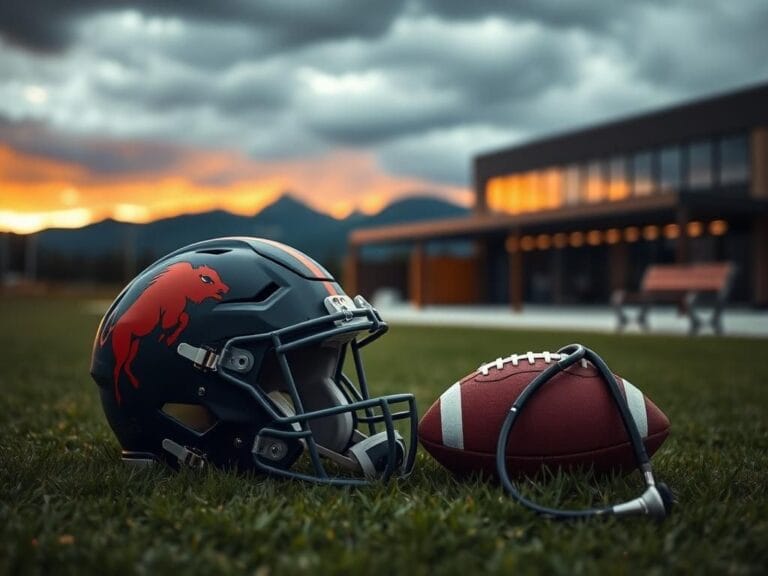 Flick International Colorado Buffaloes football helmet resting on a grassy field with mountains in the background under a dramatic sky