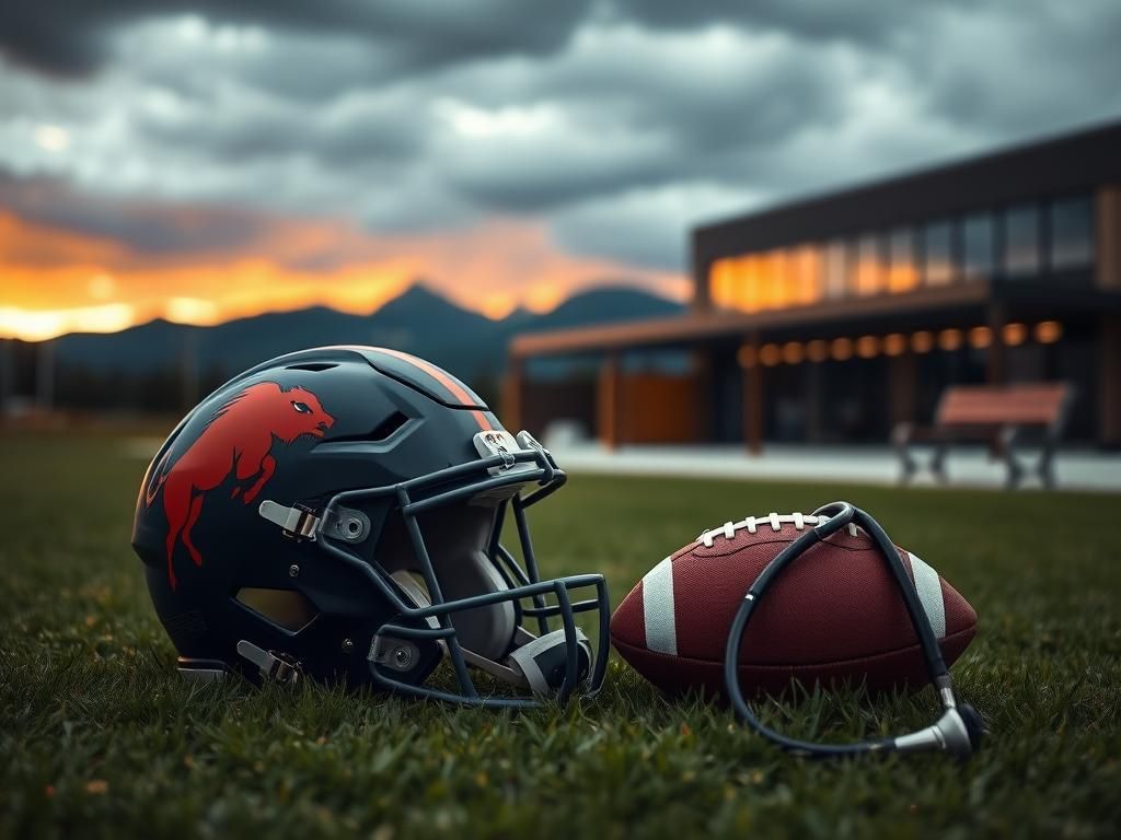 Flick International Colorado Buffaloes football helmet resting on a grassy field with mountains in the background under a dramatic sky