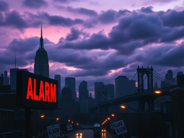 Flick International Dramatic cityscape of New York City at twilight with stormy clouds