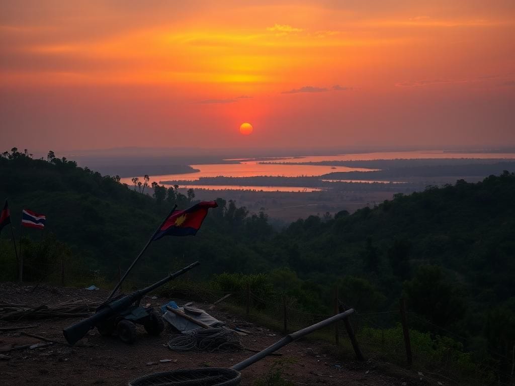 Flick International Tense border landscape between Cambodia and Thailand at sunset