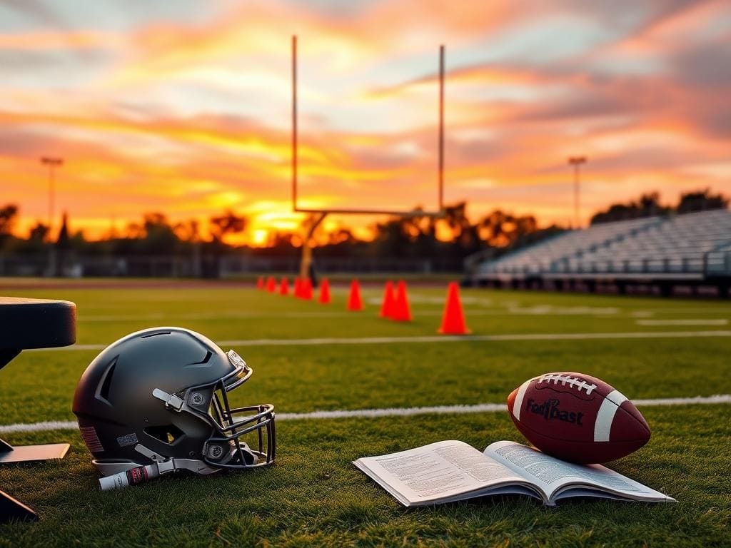 Flick International A serene training camp scene with football gear and sunset