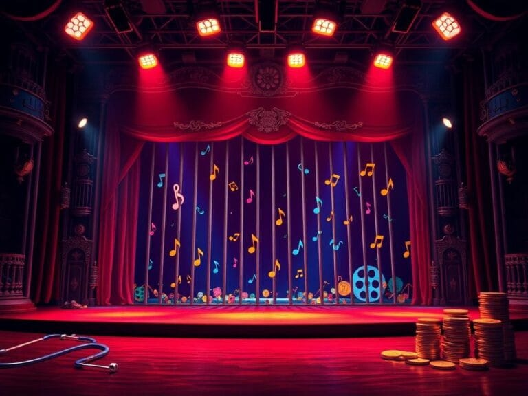 Flick International A vibrant theater stage set depicting chaos and satire in a prison environment for 'Luigi: The Musical'