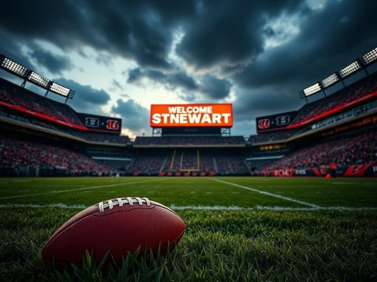 Flick International Football stadium at dusk with Bengals colors and a football on the grass