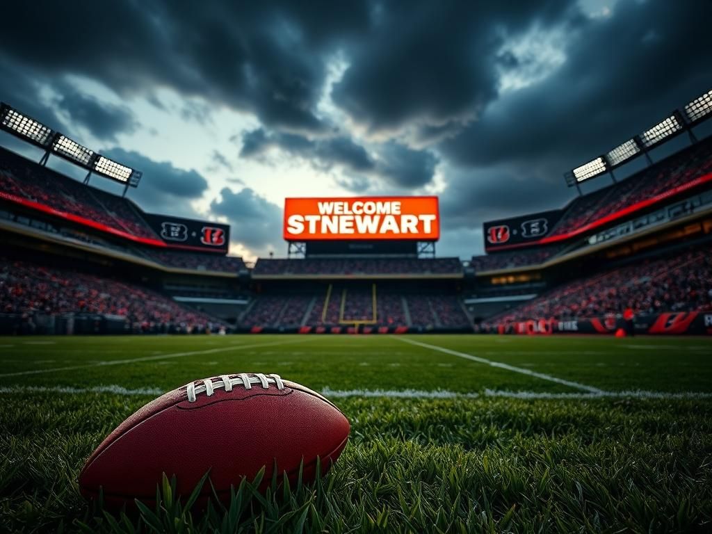 Flick International Football stadium at dusk with Bengals colors and a football on the grass