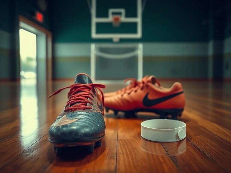 Flick International Close-up of rugged football cleats on a wooden gym floor with an ankle brace nearby, symbolizing injury setbacks.
