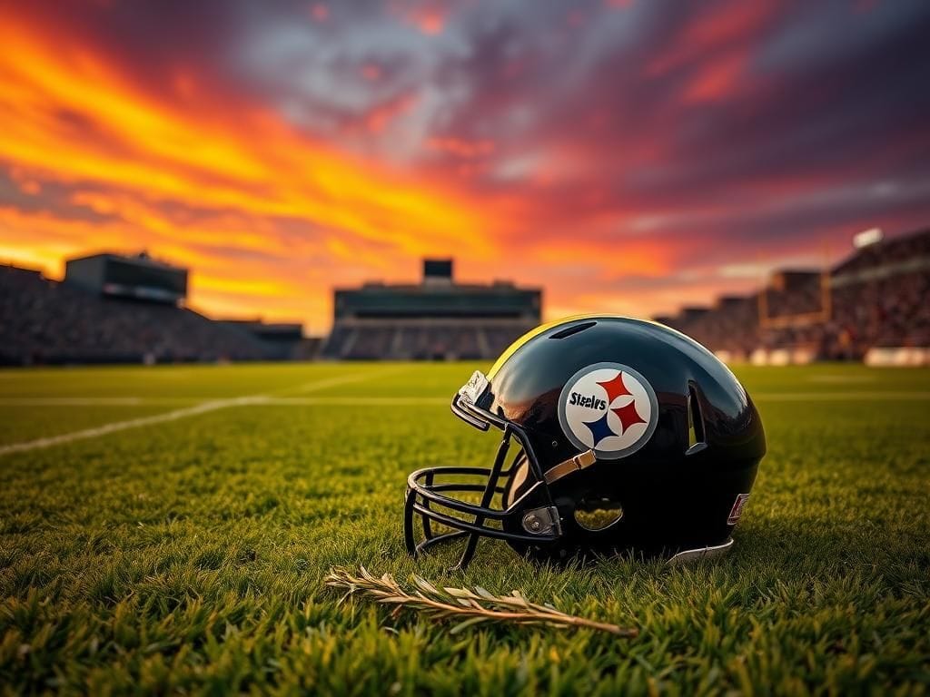 Flick International Vintage Pittsburgh Steelers helmet on a football field with an olive branch symbolizing peace and reconciliation