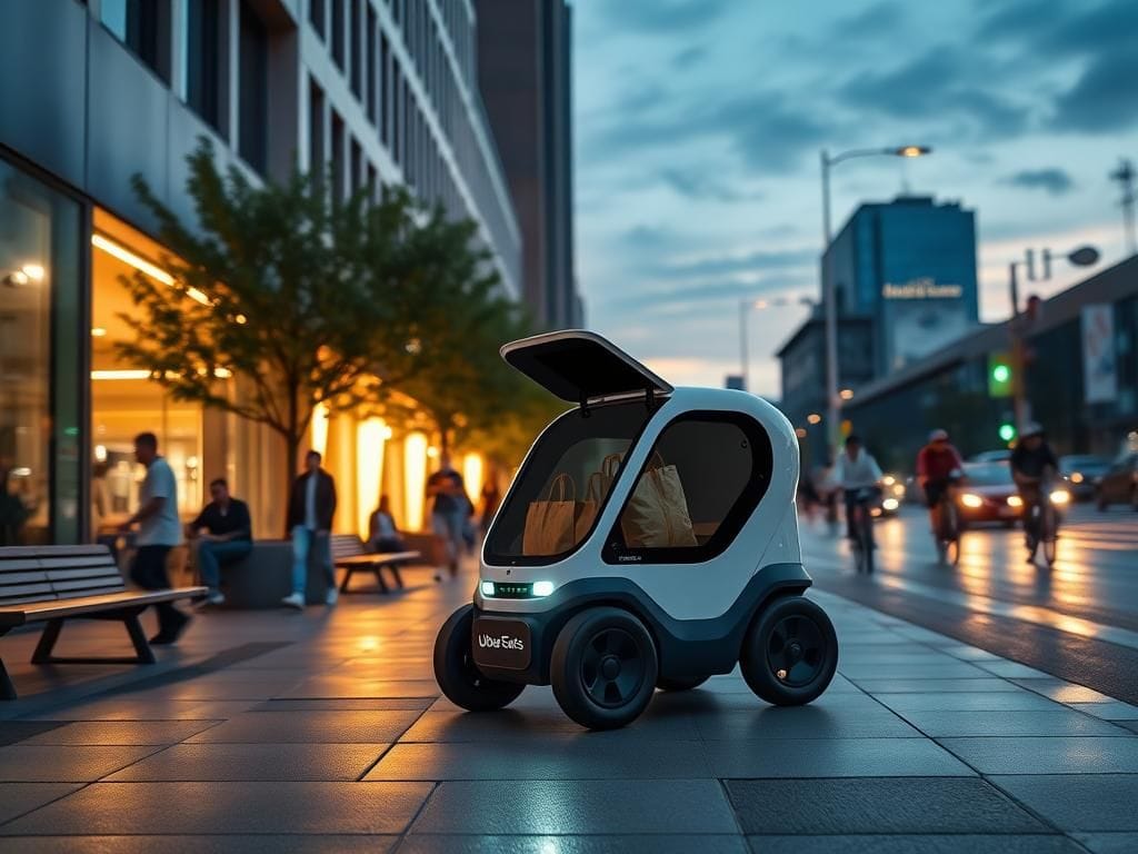 Flick International A futuristic delivery robot from Uber Eats parked on a bustling city sidewalk at dusk