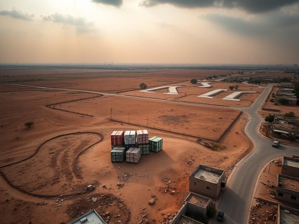Flick International Aerial view of aid pallets in Gaza against a desolate landscape
