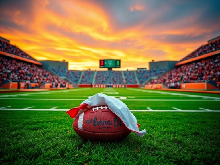 Flick International College football stadium with vibrant fans and a dynamic field at sunset