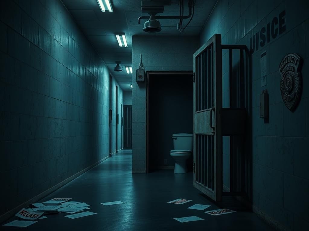 Flick International Dimly lit prison hallway with an open cell door, symbolizing a clerical error in a violent offender's release.