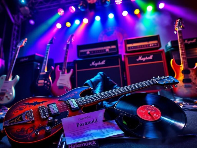 Flick International Close-up of a vintage guitar and accessories honoring Ozzy Osbourne.
