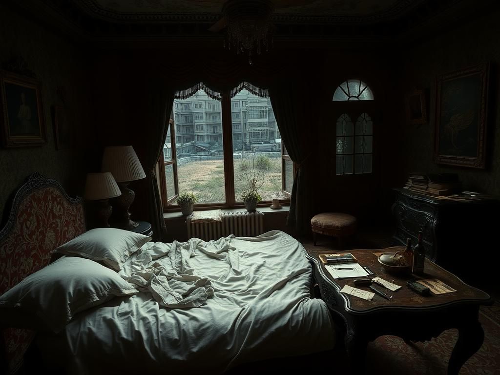 Flick International A dimly lit room with an unmade bed and cluttered table representing Iran's Supreme Leader's lifestyle