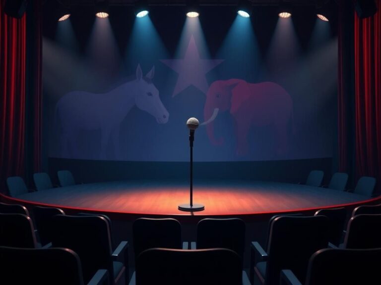 Flick International Conceptual image of late-night comedy stage with a classic microphone and empty audience symbolizing political division