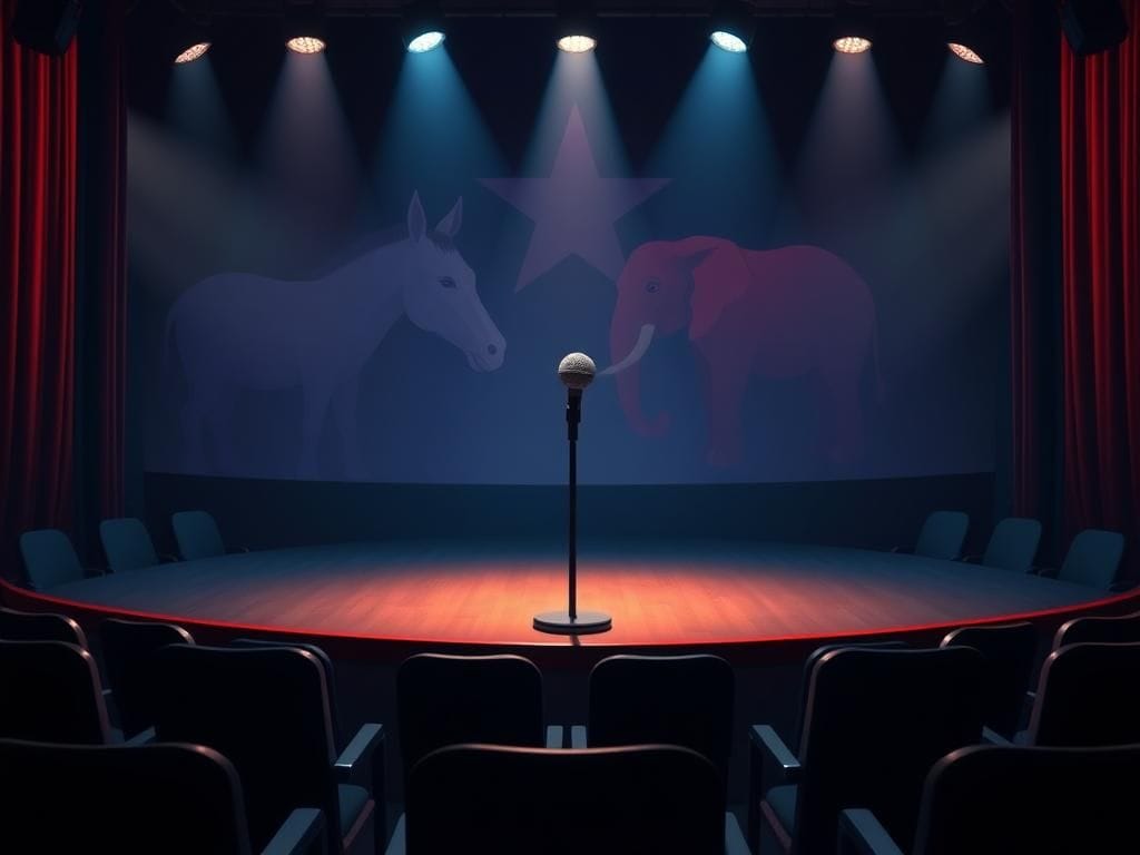 Flick International Conceptual image of late-night comedy stage with a classic microphone and empty audience symbolizing political division
