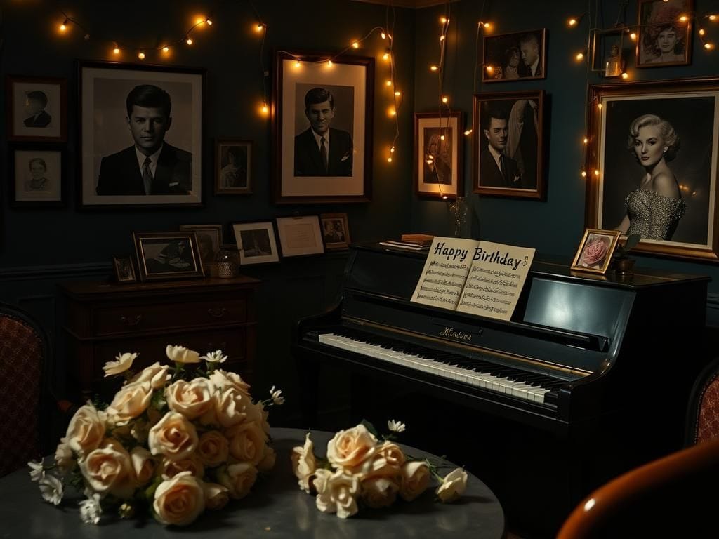 Flick International A vintage piano adorned with flowers and a 'Happy Birthday' sheet, evoking Marilyn Monroe's legacy.