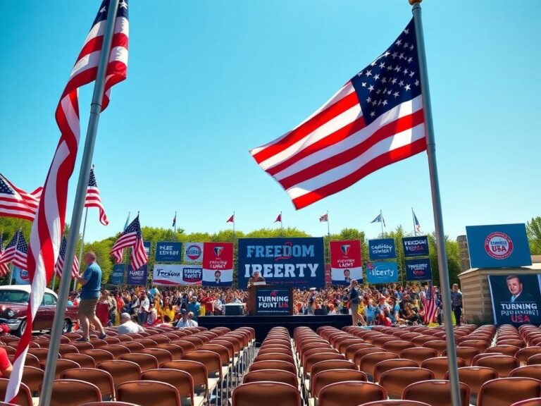 Flick International Large outdoor rally with American flags and colorful conservative banners