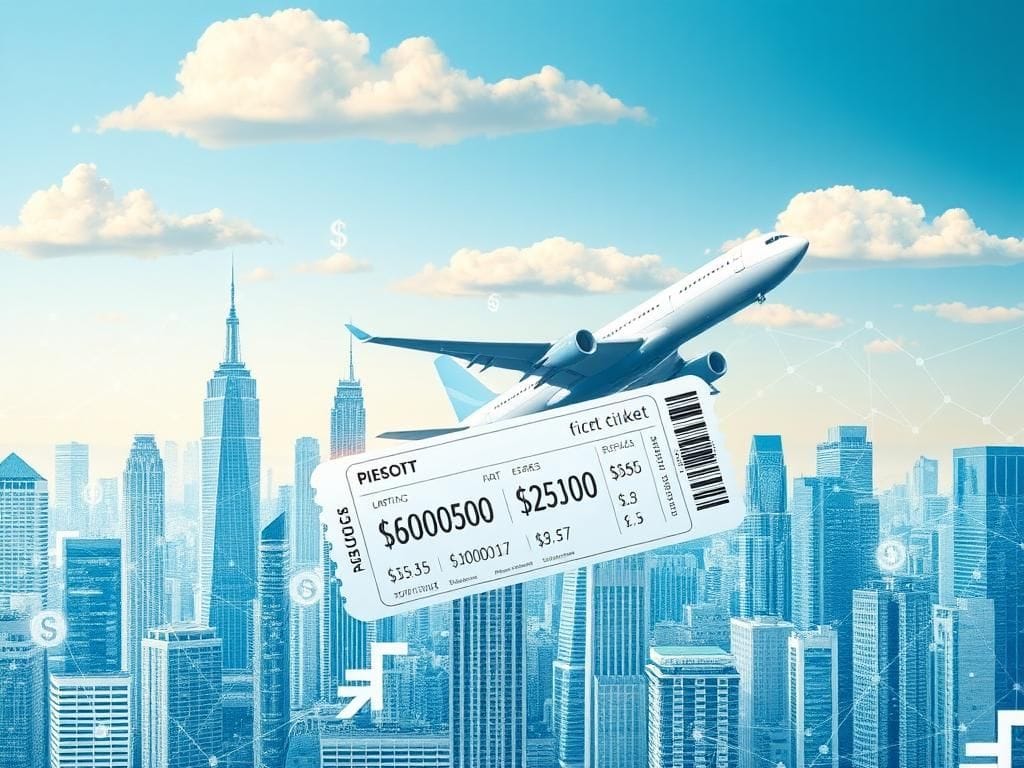 Flick International Abstract representation of an airplane flying through a futuristic city skyline with data streams.