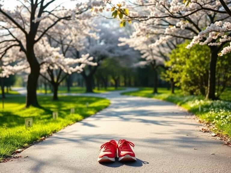 Flick International A serene outdoor pathway connecting cherry blossom trees with bright red sneakers ready for exercise