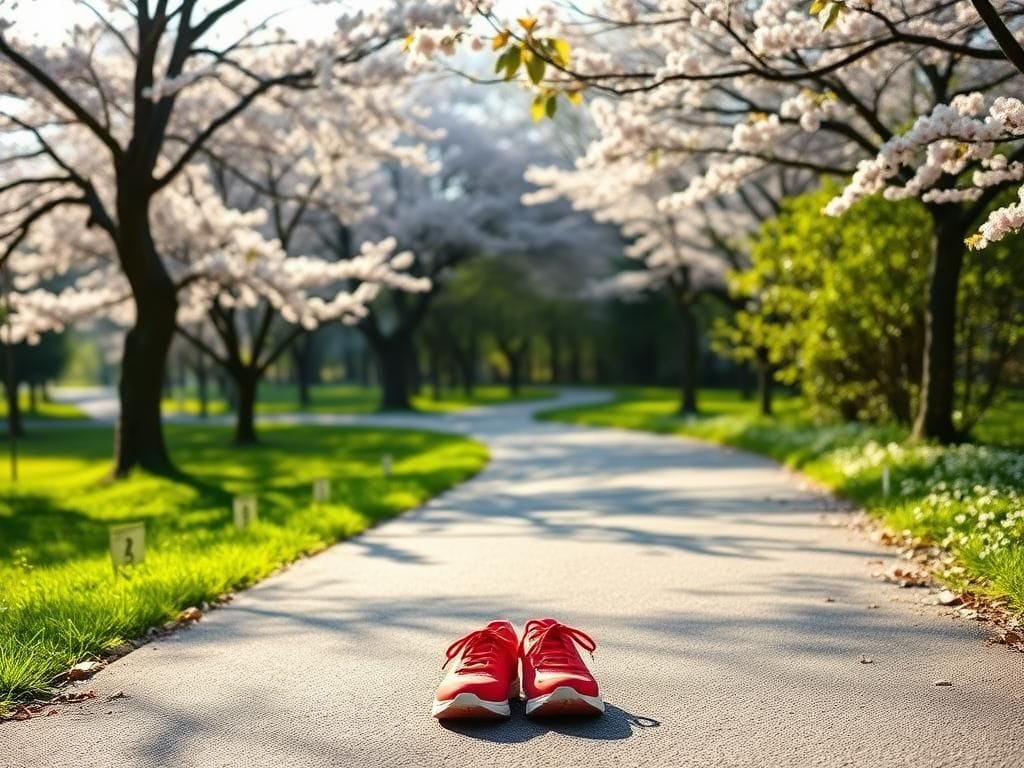 Flick International A serene outdoor pathway connecting cherry blossom trees with bright red sneakers ready for exercise