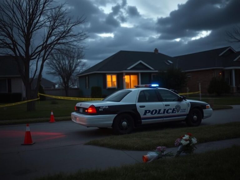 Flick International Police car parked in front of a house surrounded by caution tape in Kansas neighborhood