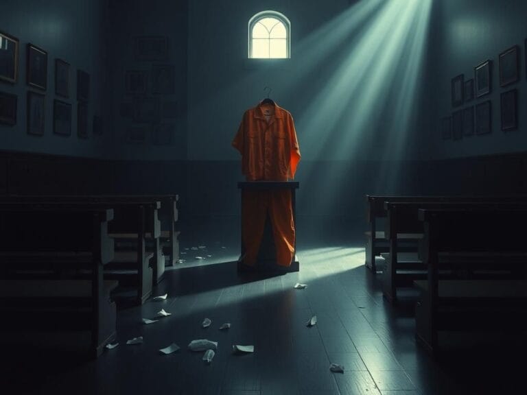 Flick International Dimly lit courtroom scene with an empty witness stand and dark benches