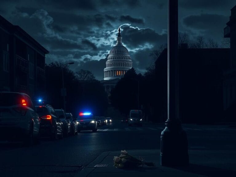 Flick International Night scene in Washington, D.C. showing a police vehicle and a lamppost with wilted flowers