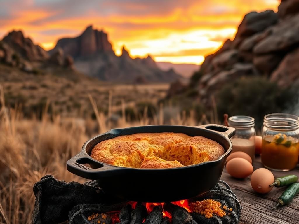 Flick International Cast iron skillet sizzling over an open flame amidst a rustic outdoor setting