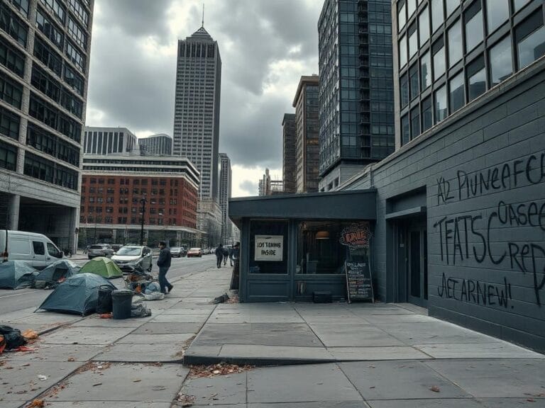 Flick International A somber urban landscape depicting a neglected city street in Denver, strewn with makeshift tents and personal belongings symbolizing the homelessness crisis.