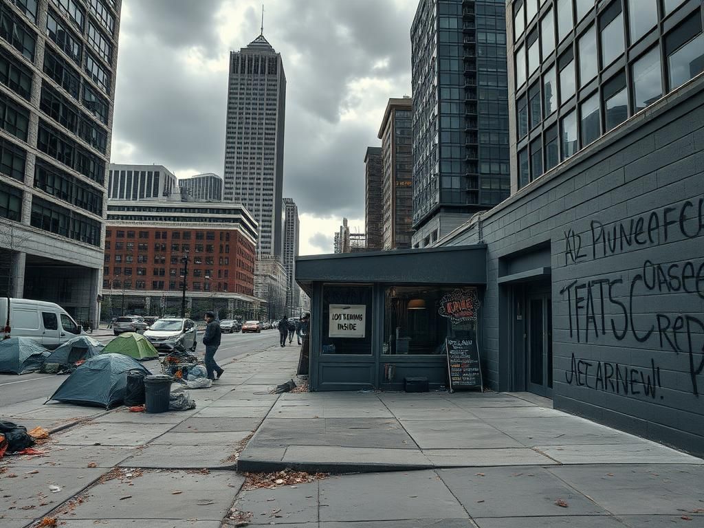 Flick International A somber urban landscape depicting a neglected city street in Denver, strewn with makeshift tents and personal belongings symbolizing the homelessness crisis.