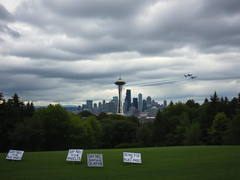 Flick International Serene Seattle skyline under an overcast sky with the Space Needle and empty park featuring protest signs