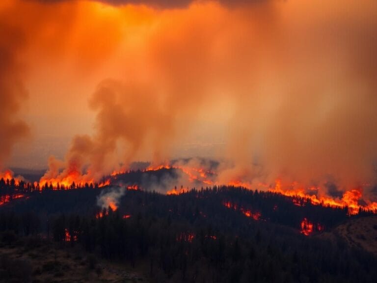Flick International Aerial view of a raging wildfire engulfing a dense forest in Turkey with thick smoke