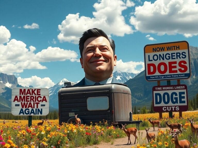 Flick International Giant sculpted head of Elon Musk on a trailer in a national park